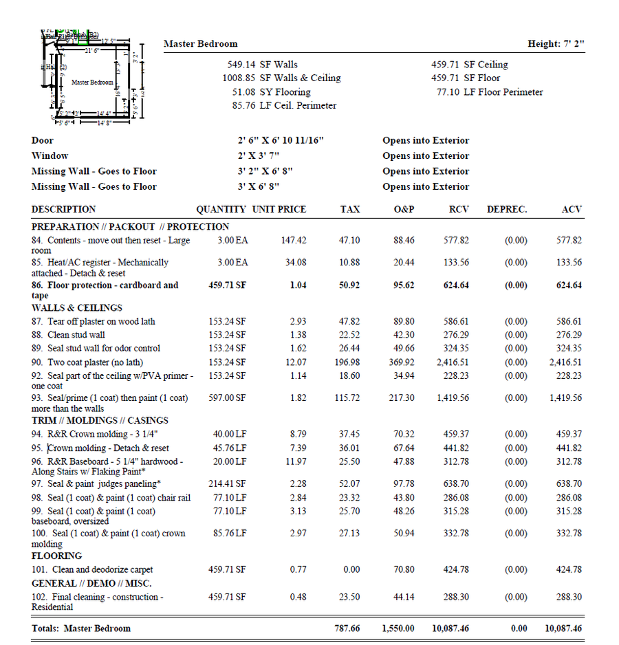 Xactimate room estimate page with line items and RCV/ACV totals